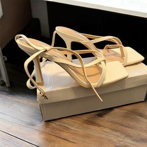 Women's Strappy Square-Toe Heeled Sandals in Cream